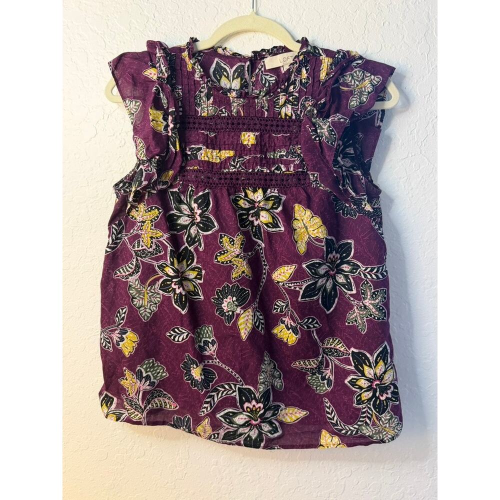 LOFT Petites Purple Floral Smocked Ruffle Flutter Sleeve Blouse Size MP
